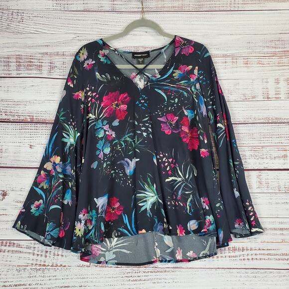 Retro Black Floral Bell Sleeve Top Fairy Whimsigoth Blouse Oversized Sm V-Neck - Picture 1 of 10
